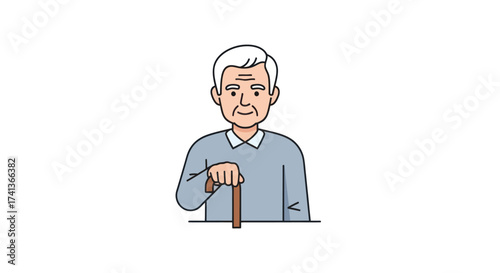 Elderly Man with Gray Hair Holding Walking Cane.