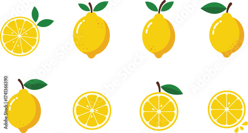 A vibrant collection of whole and sliced lemons presented on a white background.