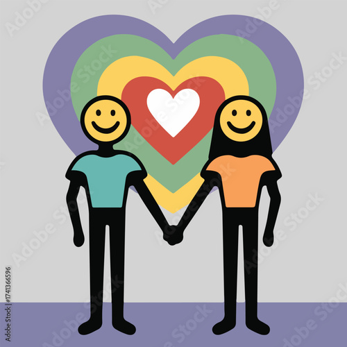 LGBTQ pride vector for National Coming Out Day with rainbow ribbon, heart hands, inclusive people, love is love typography, minimalistic bold flat vector shapes and celebration elements