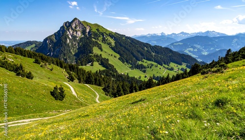 Lush alpine meadow with winding path and mountain view