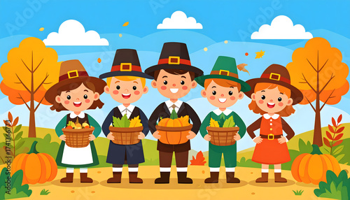 Five happy cartoon pilgrim children holding baskets of autumn harvest produce in a festive fall landscape, celebrating Thanksgiving.