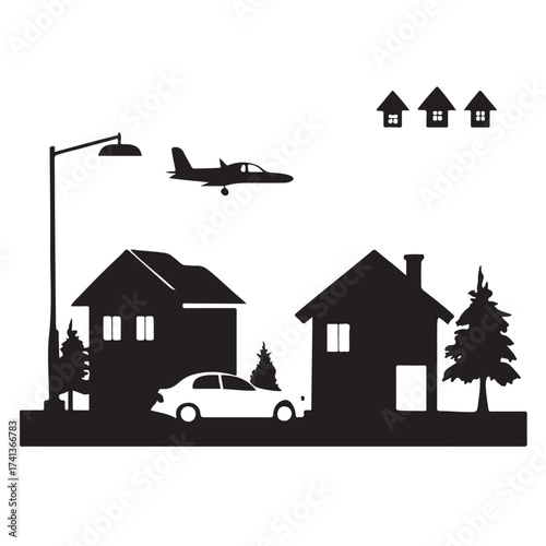Silhouette of a suburban neighborhood with a small airplane flying overhead