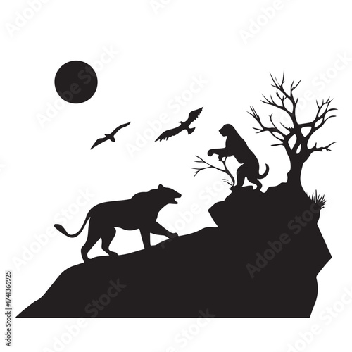 Silhouette of lions and eagles under a full moon on a rocky outcrop