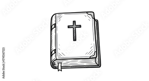 Hand-drawn black and white sketch of a closed Holy Bible with a cross on the cover and a bookmark.