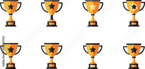 A collection of golden trophies with black handles and stars
