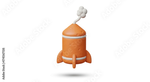 Cute 3D orange cartoon rocket ship with white accents and a puff of smoke.