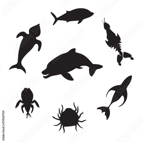 Silhouettes of diverse marine life forms arranged in a circular pattern