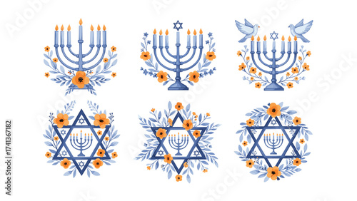 Menorahs and Stars of David in Floral Designs, Cultural Art, Illustration