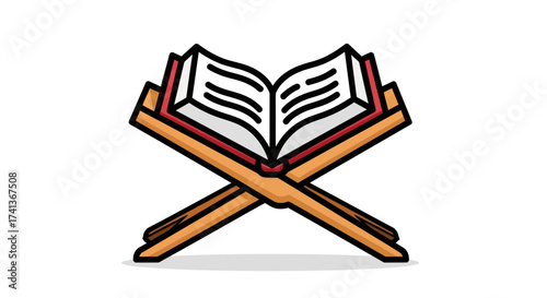 Illustration of an open holy book the Quran resting on a traditional wooden rehal stand.