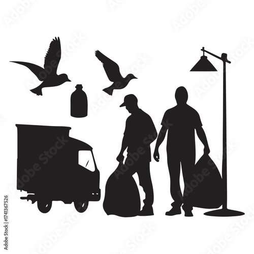 Silhouettes of sanitation workers collecting trash with a truck and birds flying overhead