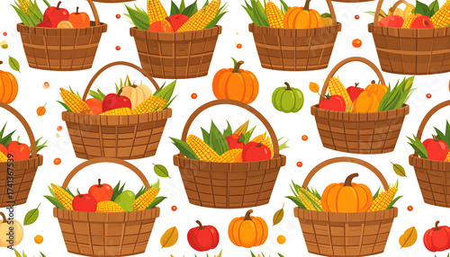 A seamless pattern of woven baskets overflowing with autumn harvest produce, including pumpkins, apples, corn, and gourds, set against a white background with scattered leaves and small pumpkins.