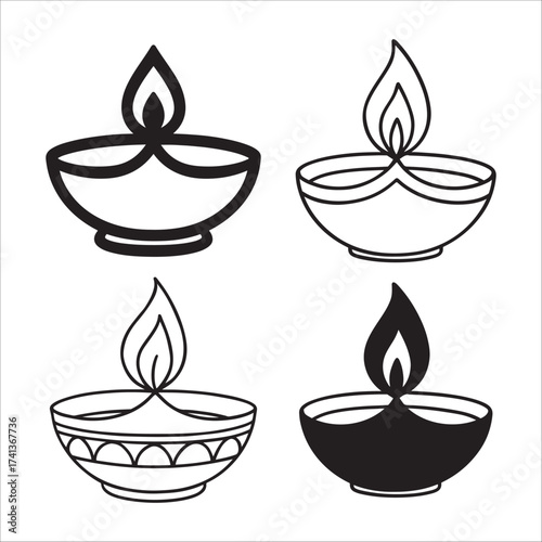 This image displays four simplified, black and white illustrations of diyas, traditional Indian oil lamps. Each diya features a bowl and a flame, with variations in the bowl's design and outline thick