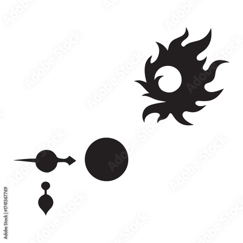 Stylized black silhouette of a fiery sun and celestial bodies on white background