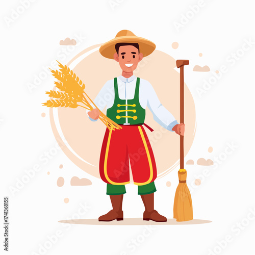 Farmer with wheat and scythe in traditional folk costume