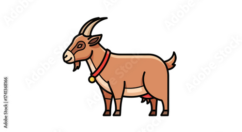 Cute Cartoon Brown Goat with Horns and Udder Wearing a Red Collar.