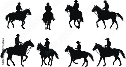 Silhouettes of cowboys on horseback in various dynamic poses presented