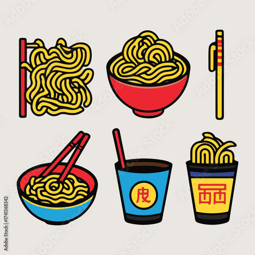 Flat vector design for National Noodle Day showcasing noodles, bowls, chopsticks, and cute food illustrations, ideal for T-shirts, stickers, posters, banners, and digital artwork.