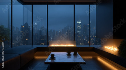 Modern luxury penthouse living room at midnight with glowing fireplace and New York City skyline view, moody atmospheric interior with floor-to-ceiling windows, elegant coffee cups on marble table