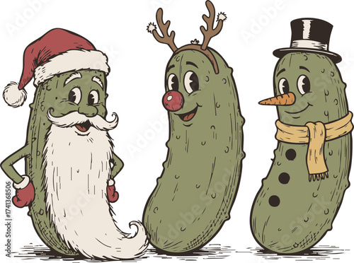 Funny Christmas Pickles – Santa Pickle, Reindeer Pickle, and Snowman Pickle in Festive Costumes for Holiday Humor Lovers and Seasonal Sublimation Designs