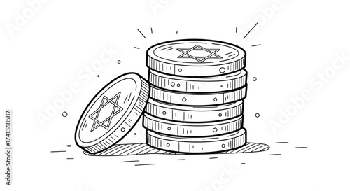 Stack of Coins with Star of David Engraving Hand-Drawn Style.