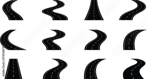 A collection of winding road segments in a simple black and white design