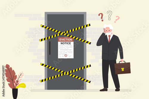 Eviction notice for owner, official document, white paper sheet on door. Unhappy elderly man standing near closed door with warning tapes.