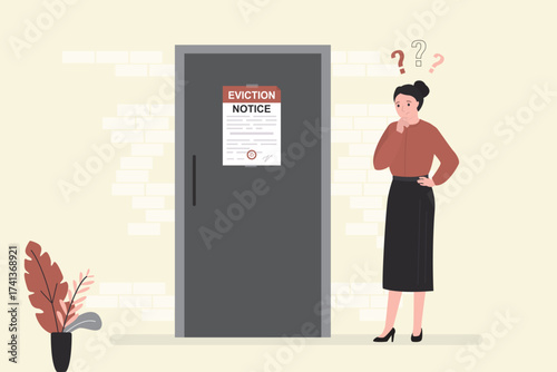 Eviction notice for owner, official document, white paper sheet on door. Unhappy woman standing near closed door. Poverty, girl thinking about bankruptcy.
