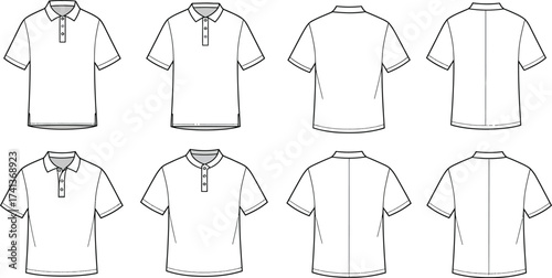 Technical illustrations of white polo shirts and t shirts front and back views