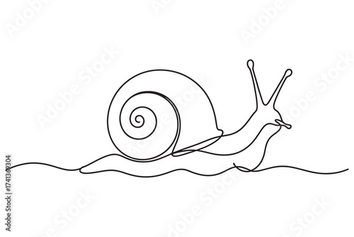 continuous line drawing of a snail moving forward on a wavy line