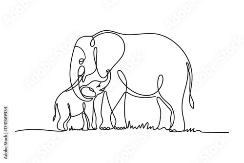 a continuous line drawing of a mother elephant and her calf standing on grass
