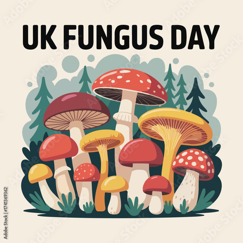 Flat vector design for UK Fungus Day featuring mushroom clusters, cartoon mushroom characters, forest path, edible and poisonous mushrooms in solid color vector style