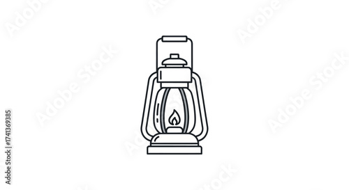 Classic Kerosene Lantern Line Art with Burning Flame.