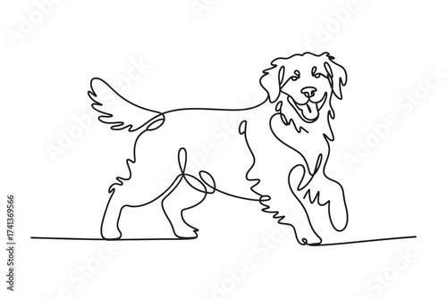 continuous line drawing of a happy golden retriever dog walking