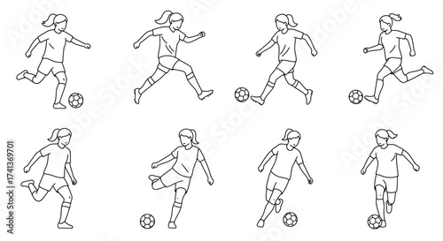 Line art illustration of young girls playing and practicing soccer