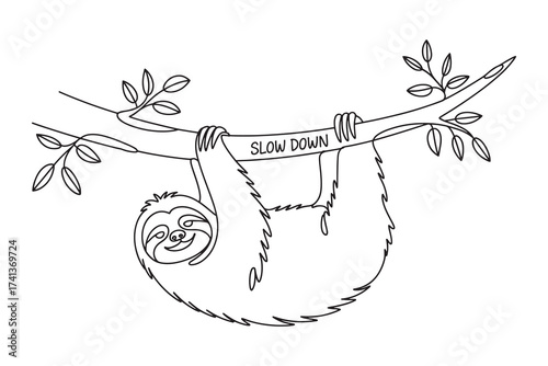 Continuous one line drawing  of cute sloth hanging from a tree branch 