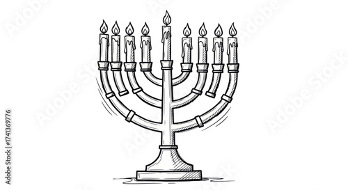 Hand-drawn Hanukkah Menorah Sketch with Nine Candles.