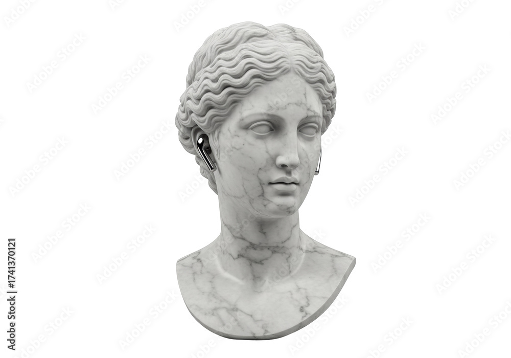Obraz premium Marble bust of Venus with wireless earbuds isolated on transparent background, classical sculpture with modern technology PNG