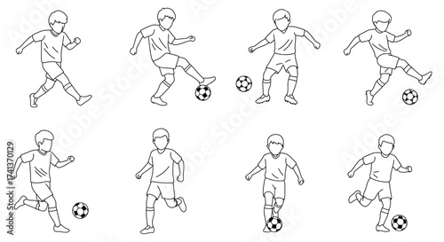 Line art illustration depicting several boys playing and kicking soccer balls