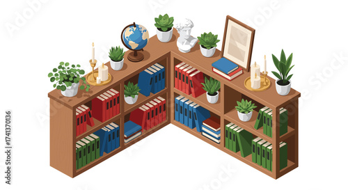 Stylish bookshelf with books, plants, and decorative objects creates a calm, organized, and aesthetically pleasing atmosphere ideal for study or relaxation