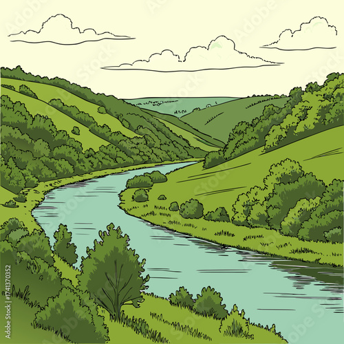 Scenic valley landscape with a winding river and green hills