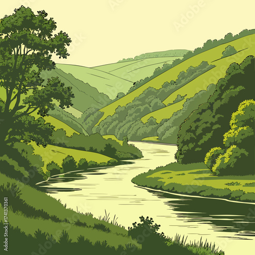 Scenic river winding through lush green hills and valleys in the countryside