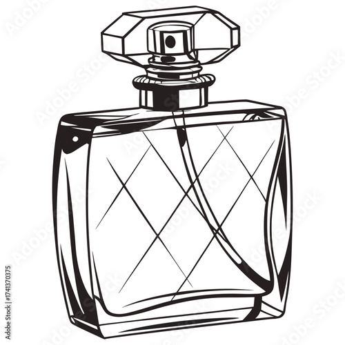 An elegant perfume bottle, promising a sophisticated and alluring fragrance, with a clear glass body and a silver cap, reflecting light beautifully on a white background