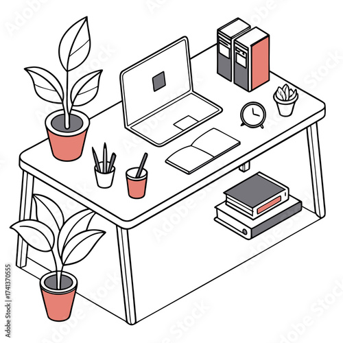 Isometric desk setup with laptop, plants, and books in a minimalist style
