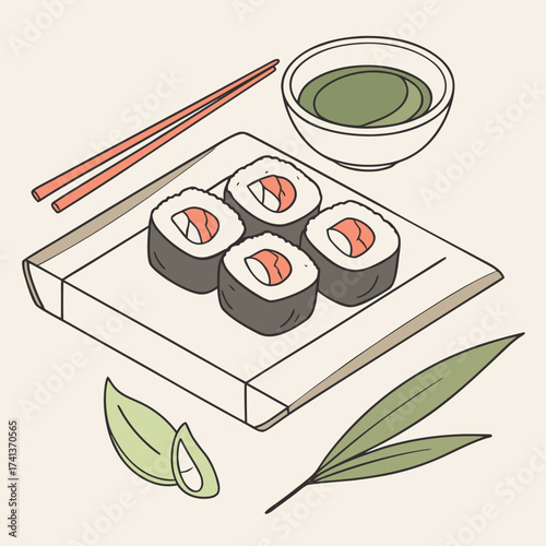 Illustration of sushi set with soy sauce and chopsticks on a plate