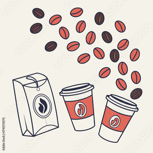 Illustration of coffee beans, cups, and a bag