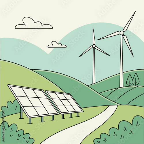 Illustration of a sustainable landscape with solar panels and wind turbines