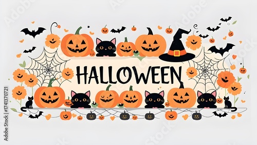 banner design cute and spooky theme includes pumpkins black cats bats