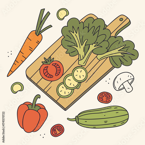 Colorful assortment of fresh vegetables on a wooden cutting board illustration