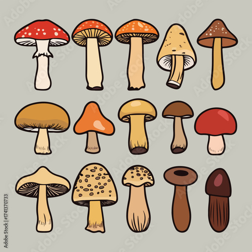 UK Fungus Day vector artwork with whimsical toadstool fairy houses, forest mushrooms, spore bursts, and seamless mushroom pattern in flat minimalist solid colors
