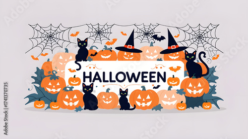 banner design cute and spooky theme includes pumpkins black cats bats